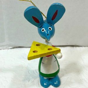 VTG Mouse w/Cheese Hanging Wooden Christmas Ornament Hand Painted 3.25"